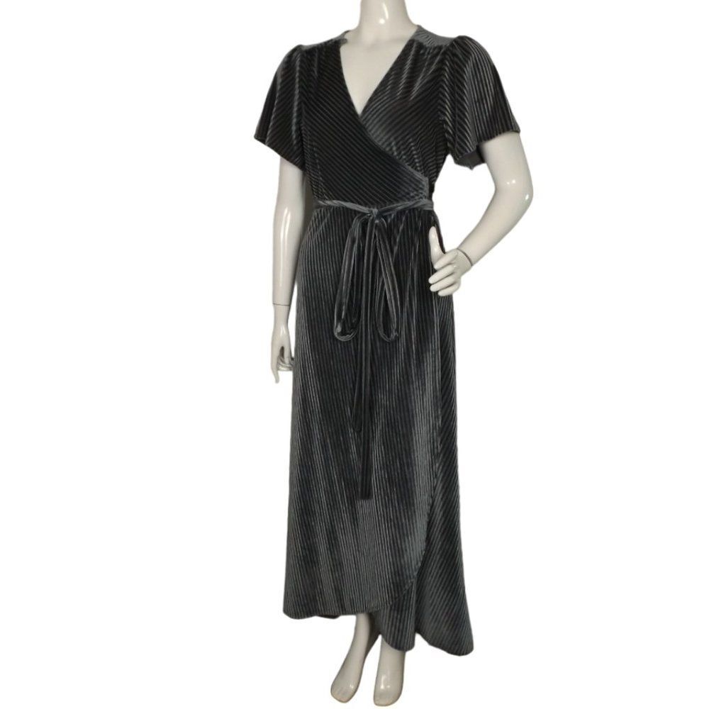 BALTIC BORN Maxi Dress, L, Grey Ribbed Velvet, short sleeves, True Wrap - Picture 3 of 11